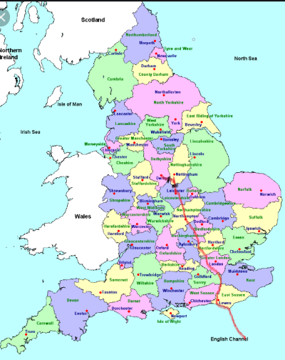 Map of England with route.png