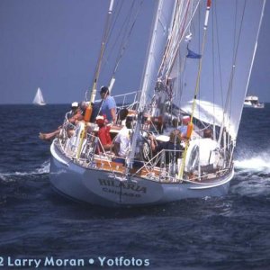 55 foot Sparkman and Stephens's Yawl built 1953.  Picture of her in the great lakes recently.  My father and rebuilt her in the 80s.  We bought her fr