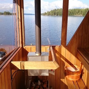 Real sauna at rear deck has wood burning stove and magnificent views.