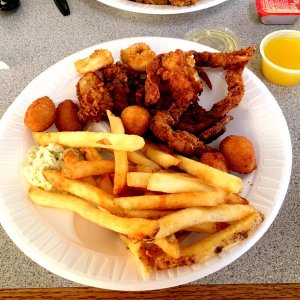 Quality Seafood, Elizabeth City, NC $8.99 soft shell dinner.  Two beautiful soft shells cooked to perfection! The coleslaw was like "Momma used to mak