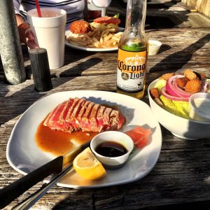 Seared tuna at the BIG TUNA, on the Harborwalk, Front Street, Georgetown, SC -- a 5-minute walk from the Harborwalk Marina.  Important to us, it's "do