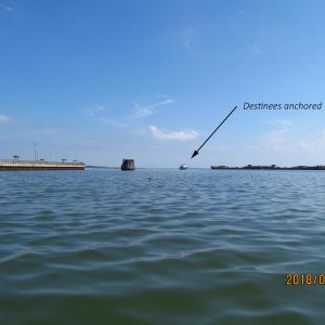 2018 Jul26 Destinees anchored at Kiptopeke with the concrete ships