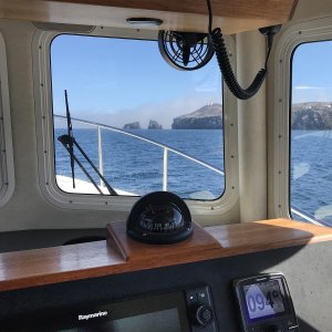 East end of Anacapa Island with fog rolling in.