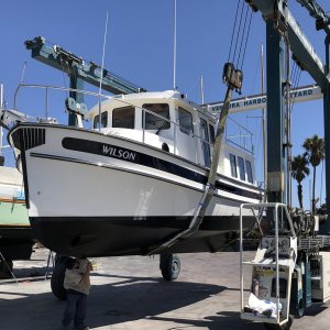 WILSON getting splashed after some quality mods at the Ventura Harbor Boat Yard.