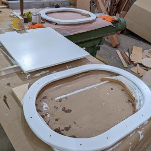 Table saw as paint shop, reinforcing/mounting rings for Freeman engine room hatch. Rings  are one piece 3/4" 9 ply to tranfer load around the big hole