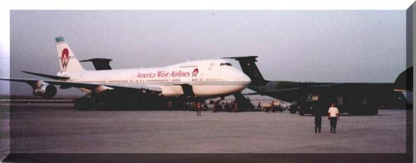 America West A/L Boeing 747-200 at Riyadh, Saudi Arabia. Military Airlift Command. We carried 350 troops and their gear on each trip during the Gulf W