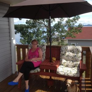 Peggy Sue sitting on the deck