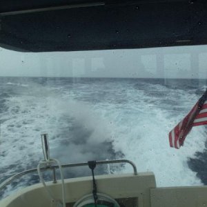 Making our way home across the Gulf Stream in a storm, at a blistering 8 knots.