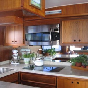 Galley with newer convection/microwave oven and electric cooktop. Under mount SS sink.