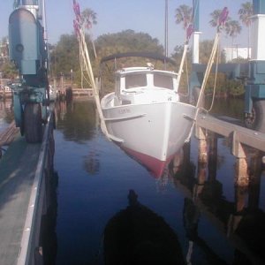 This photo shows off her well-designed, full displacement hull.  Her draft is a little over 3' fully loaded.