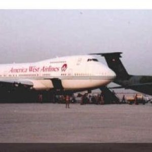 America West A/L Boeing 747-200 at Riyadh, Saudi Arabia. Military Airlift Command. We carried 350 troops and their gear on each trip during the Gulf W