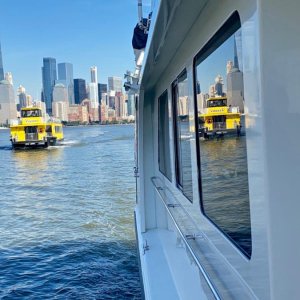 Lower Manhattan off our stern as we approach Liberty Landing Marina