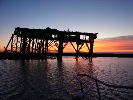 Abandoned oil structure, Rabbit Island sunrise.JPG