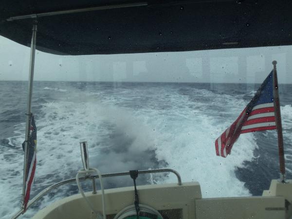 Making our way home across the Gulf Stream in a storm, at a blistering 8 knots.